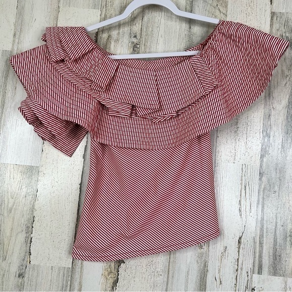 Gracia Red White Stripe Ruffle‎ Sleeve Blouse XS-S Statement Top Bold Chic - Picture 1 of 11